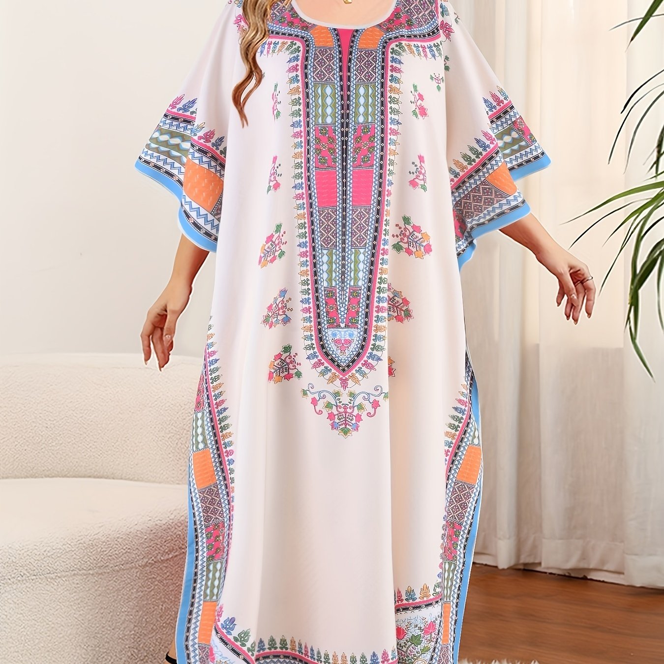 [Tribal Print, Plus Size Abaya] Elegant Plus Size Kaftan Abaya Dress -/MH