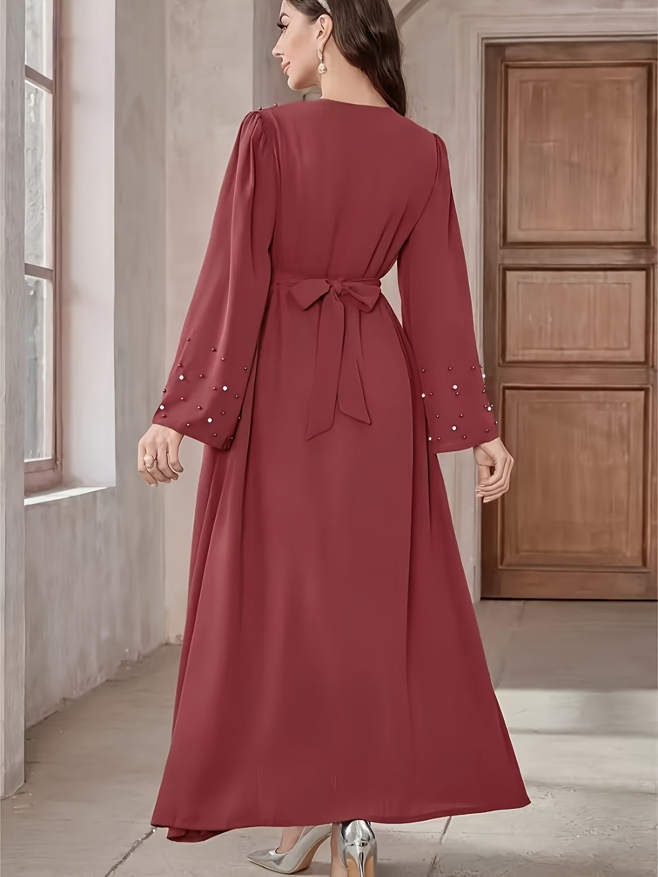 Elegant Pearl Embellished Burgundy Abaya./MH