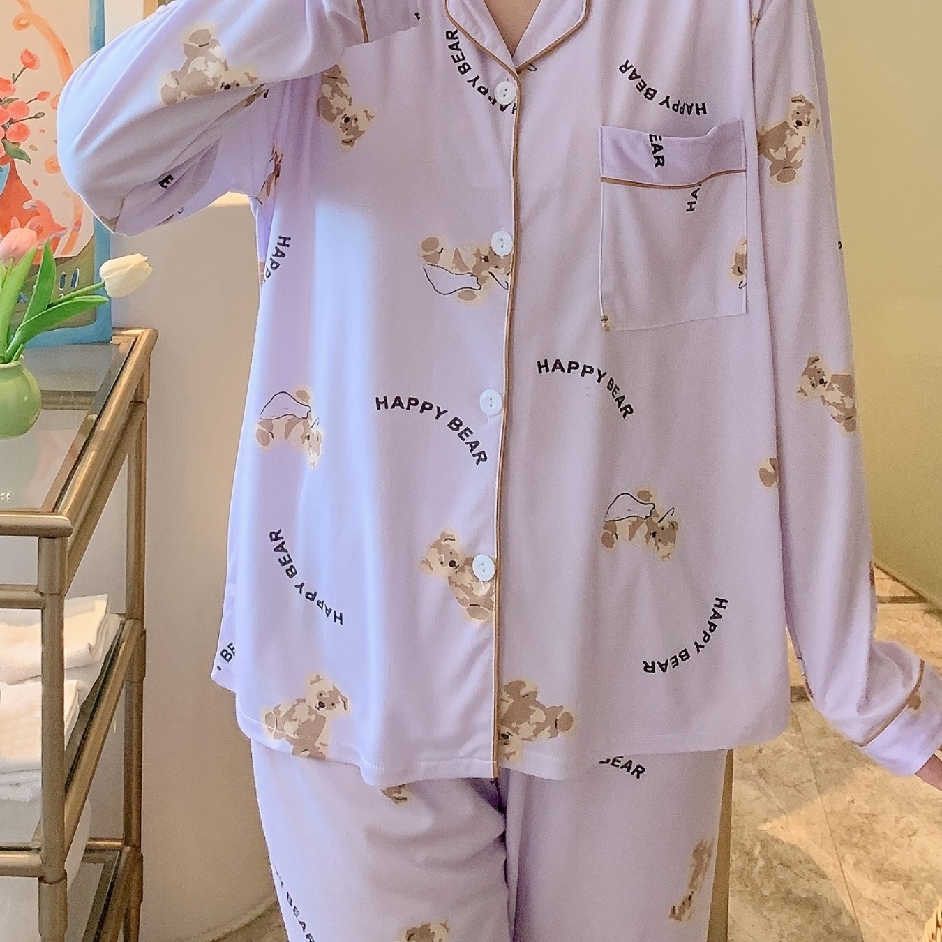 Cartoon Bear Print Pajama Set, /MH