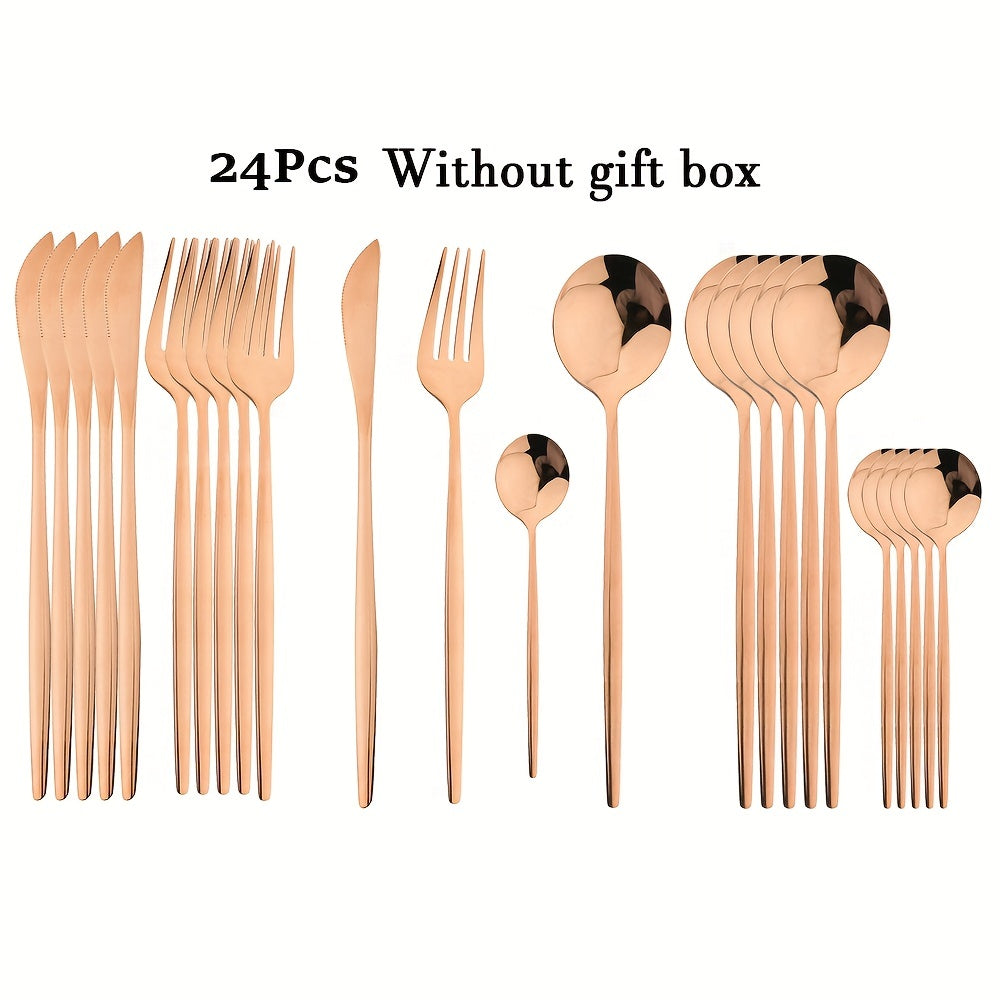 24-Piece Luxury Black Handle Golden Cutlery Set - High-Quality Stainless Steel Knife, Fork, and Spoon Tableware Flatware Set for Festival, Kitchen, and Dinnerware - Ideal Gift for Friends and Family