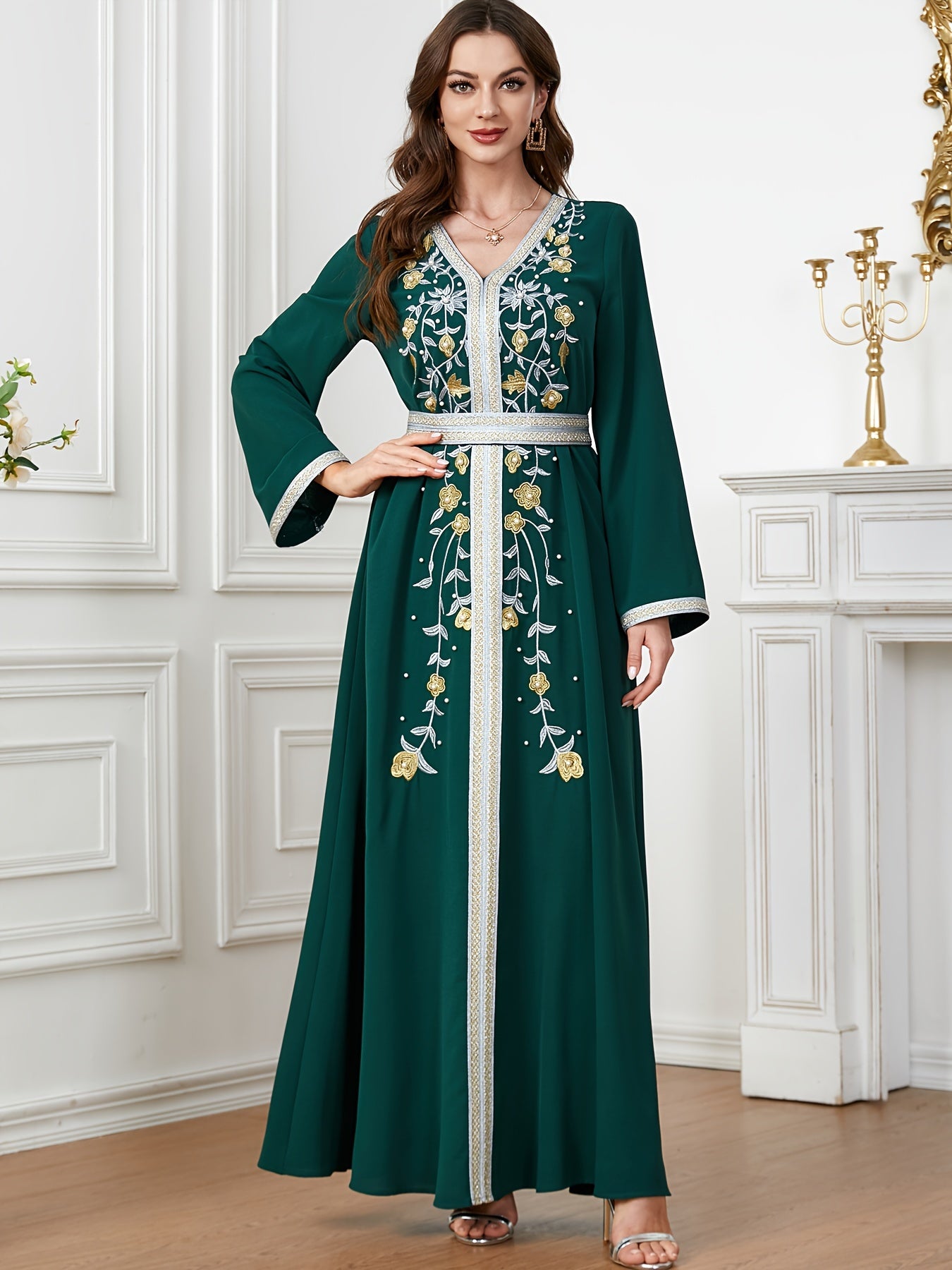 Ramadan Beaded Floral Pattern Kaftan, Elegant Long Sleeve 'MH