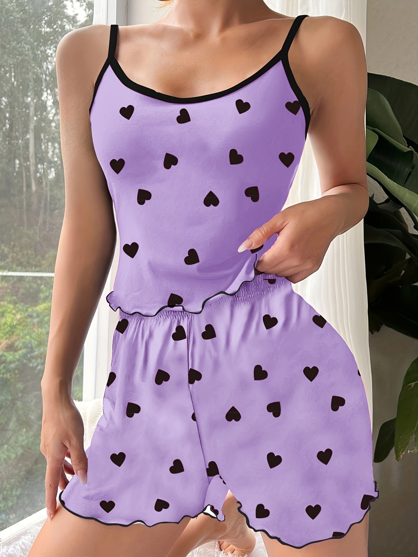 Heart Print Pajama Set, Scoop Neck Cami Top,