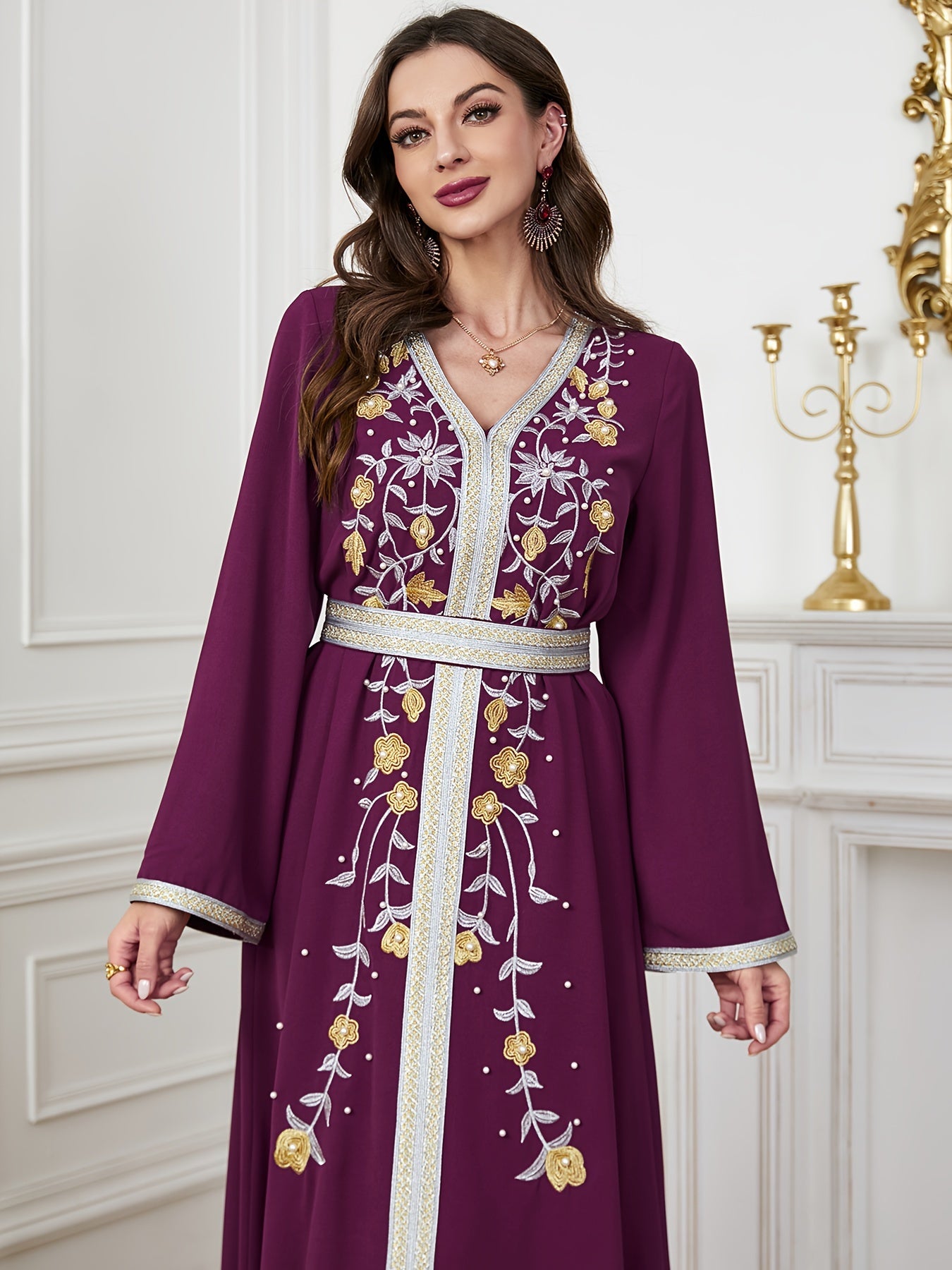 Ramadan Beaded Floral Pattern Kaftan, Elegant Long Sleeve 'MH