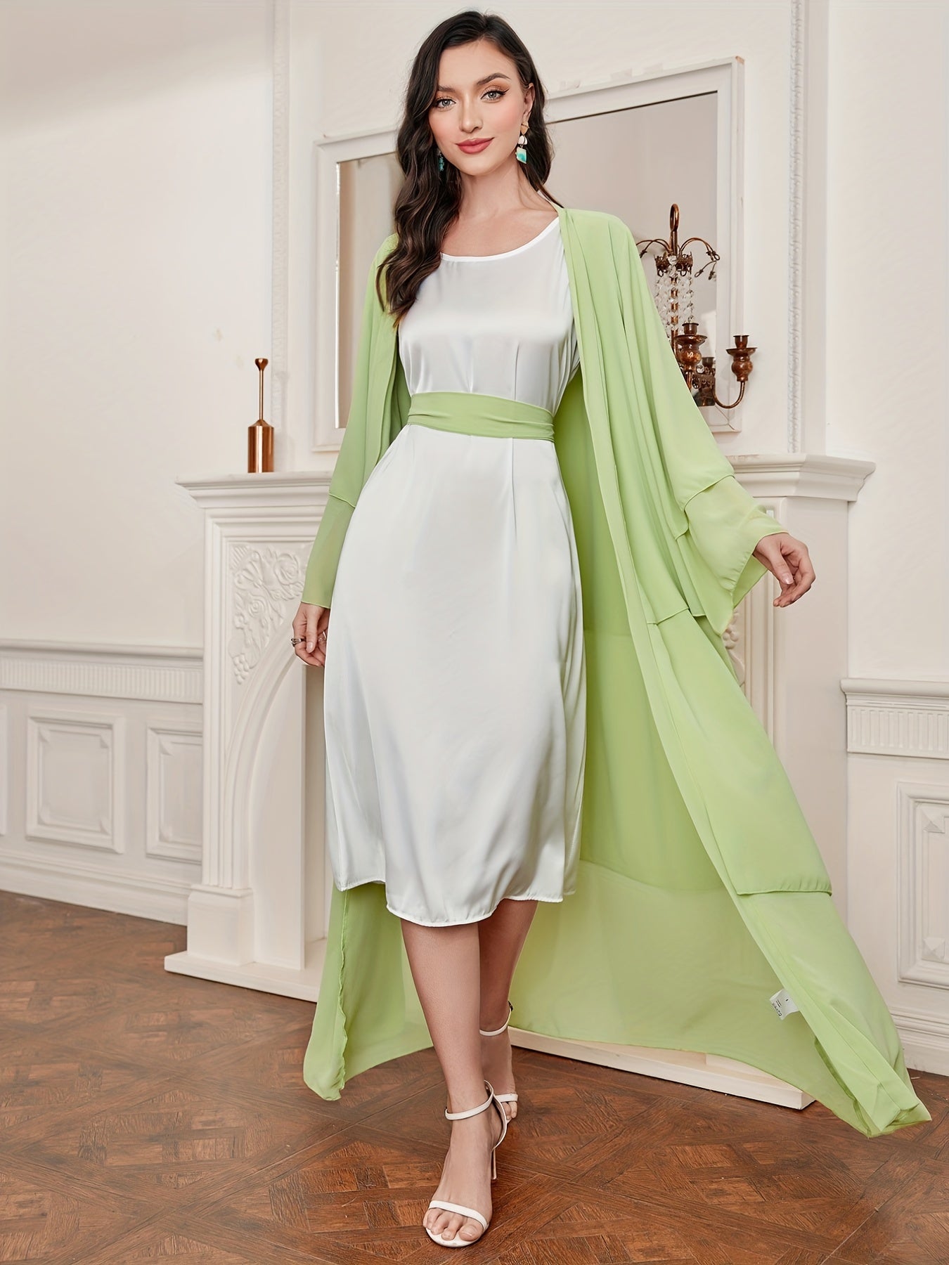 Layered Open Front Modest Dress, Long Sleeve Muslim Dress'/MH