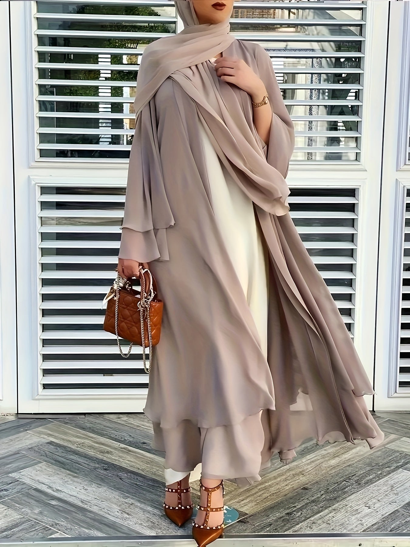 Solid Color Tie Waist Modest Dress, Elegant Layered Hem Maxi '/MH