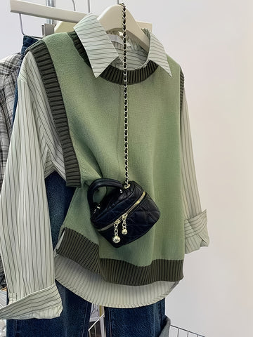 Elegant Green Knit Sweater Vest for Women .