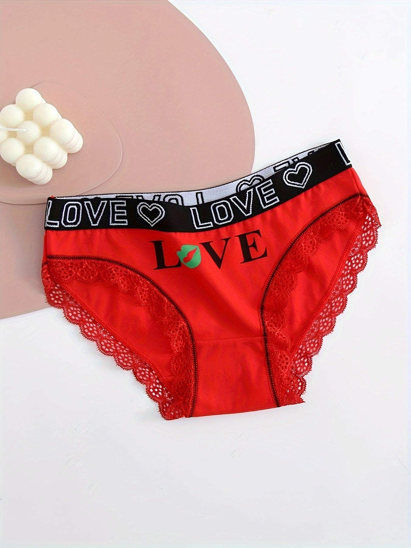 5pcs Contrast Lace Letter Print Briefs, Comfy & Breathable Scallop Trim Panties, /MH