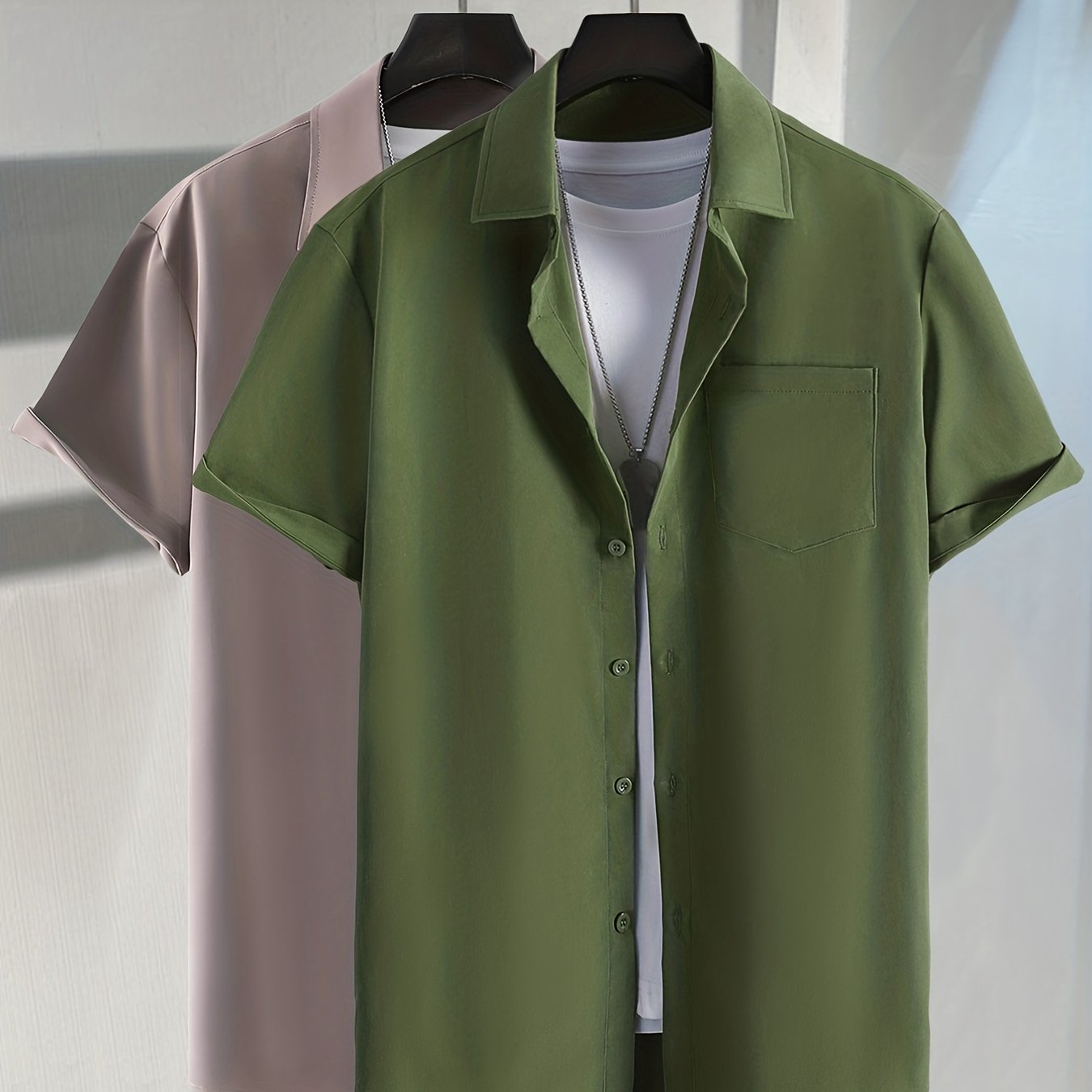 2pcs Plus Size Lapel Mens Solid Color Button Down Shirts, Top Blouse Shirts, Short Sleeve, Button Down Dress Shirts
