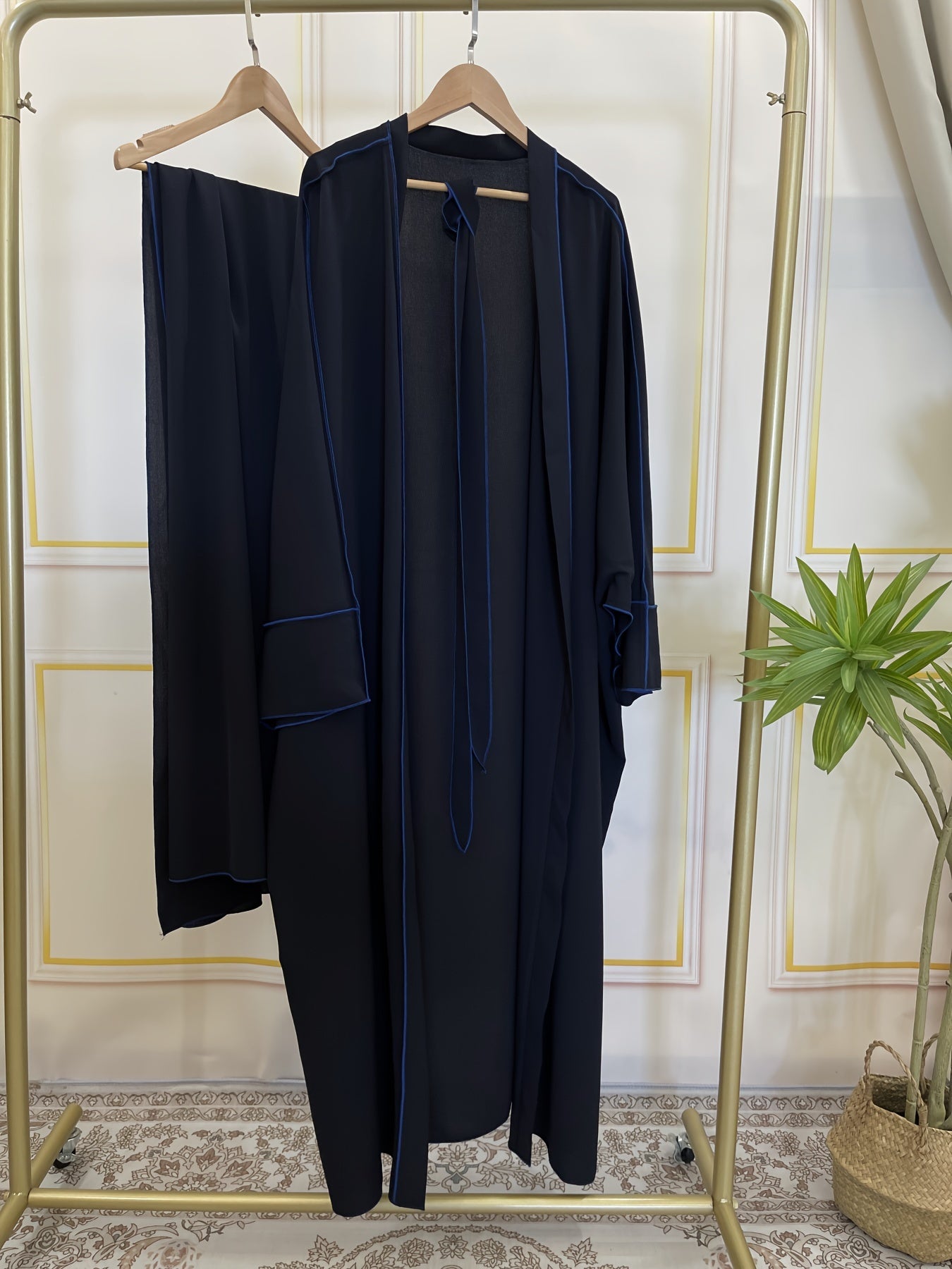Elegant Contrast Trim Two-piece Set, Open Fron& Khimar Hijab,/MH