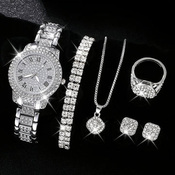 Luxury Rhinestone Quartz Watch Hiphop Fashion Analog Wrist Watch & 6pcs Jewelry Set, Gift For Women Her