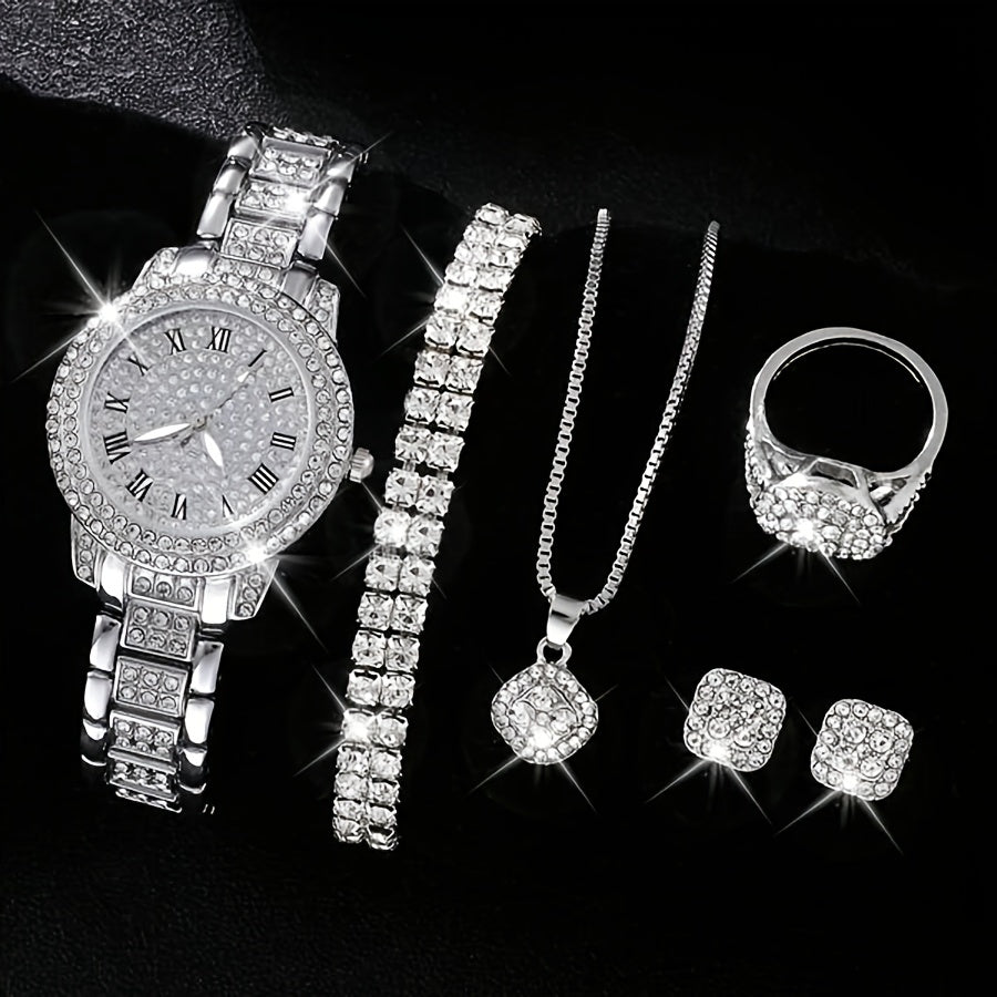 Luxury Rhinestone Quartz Watch Hiphop Fashion Analog Wrist Watch & 6pcs Jewelry Set, Gift For Women Her