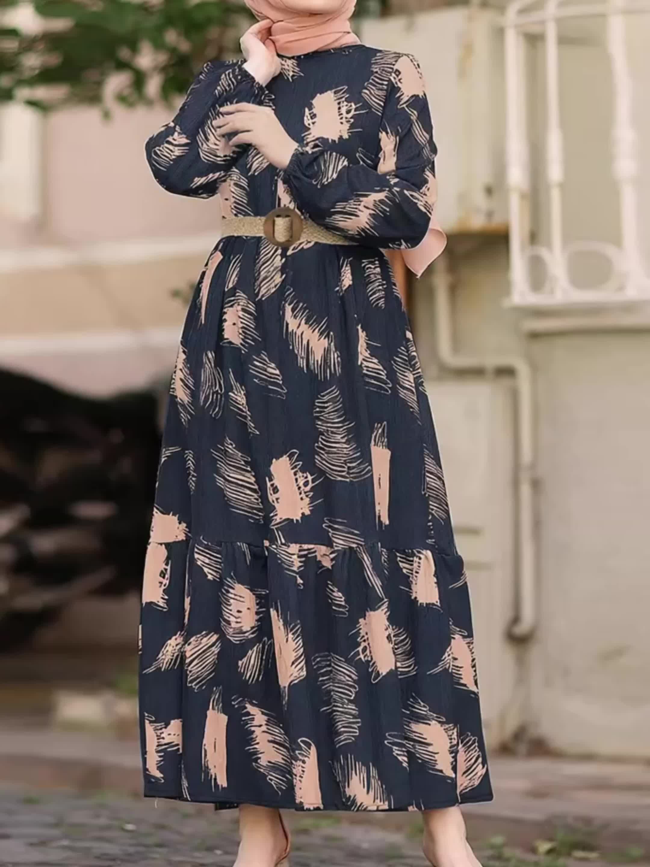 All Over Print Crew Neck Kaftan, Casual Long Sleeve Maxi Dress,/MH