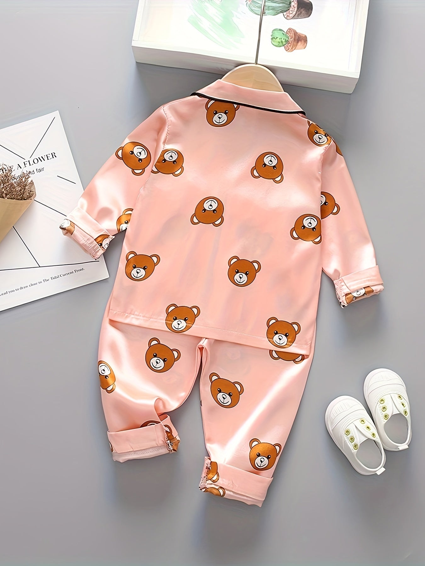 2pcs Boys Bear Print Button Up Long Sleeve Top & Elastic Waist Long Pants Set, Comfy Boys Clothes