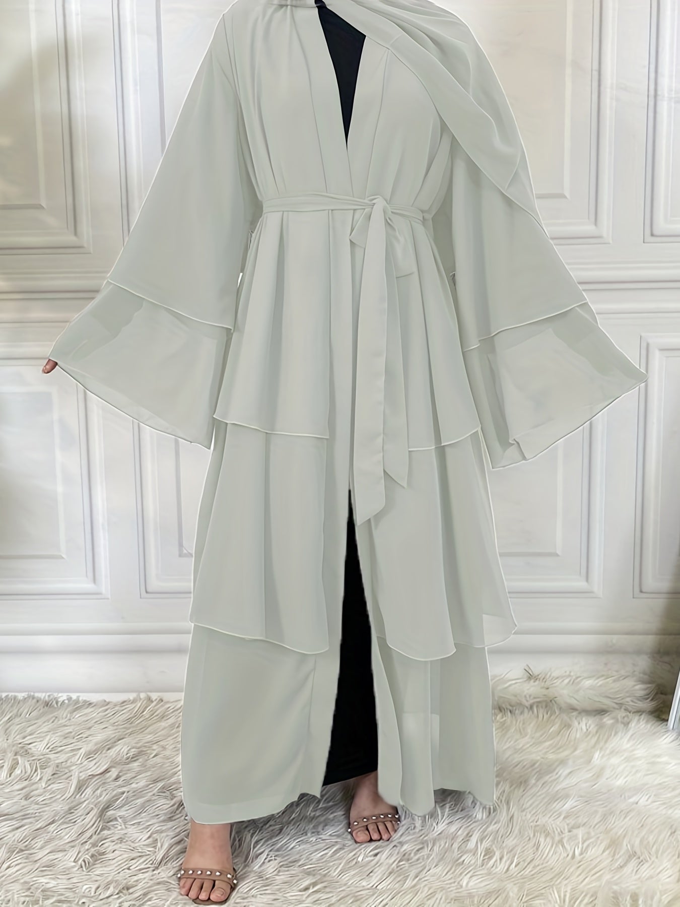 Layered Open Front Modest Dress, Long Sleeve Muslim Dress'/MH