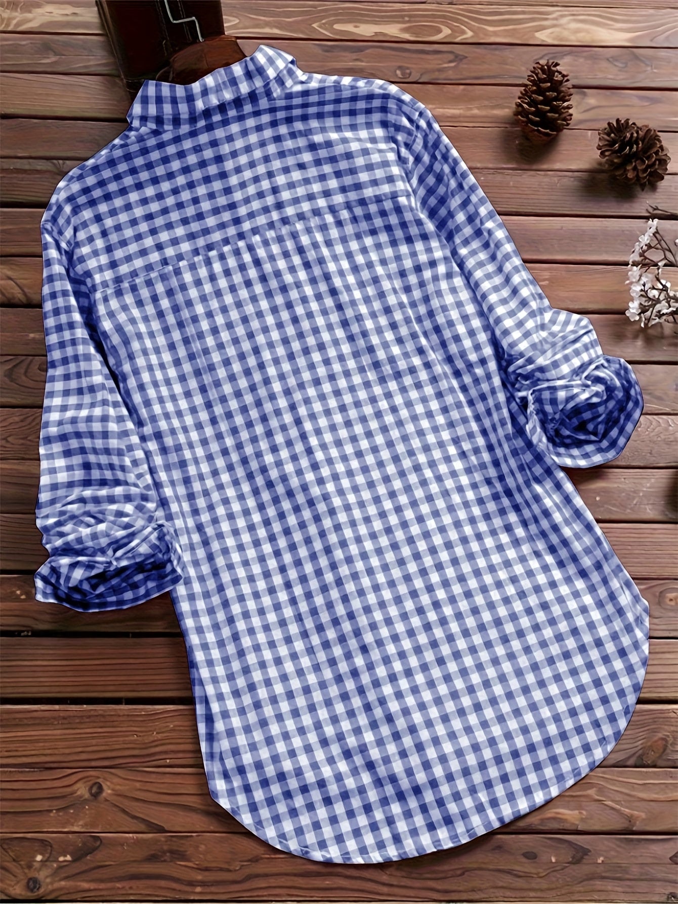 Women'S Casual Long Sleeve Gingham Check Shirt - Light Blue & White,