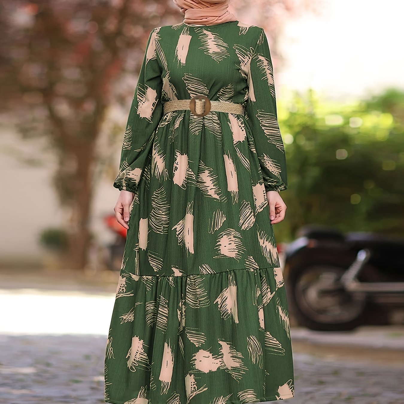 All Over Print Crew Neck Kaftan, Casual Long Sleeve Maxi Dress,/MH