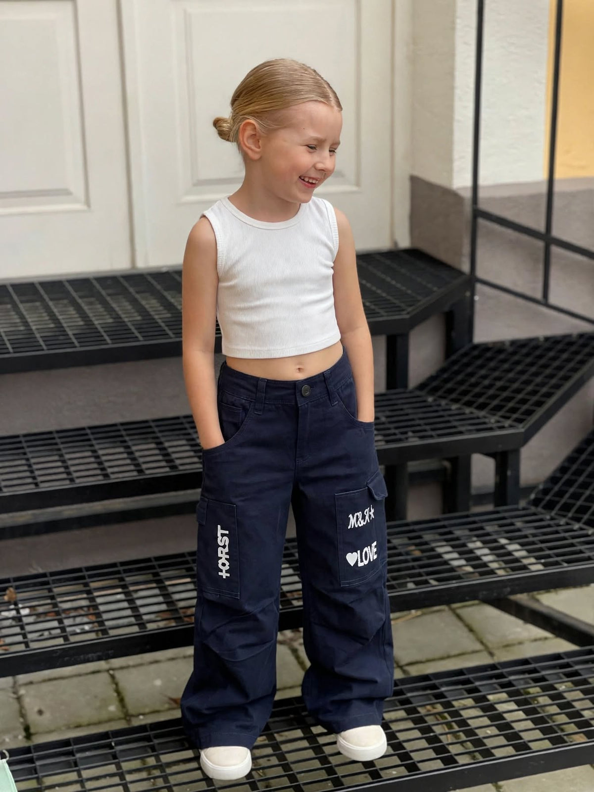 Girls Cargo Pants Navy Blue for Kids 1-8 Years - Trendy Cargo Trousers with Pockets & Patches | MH