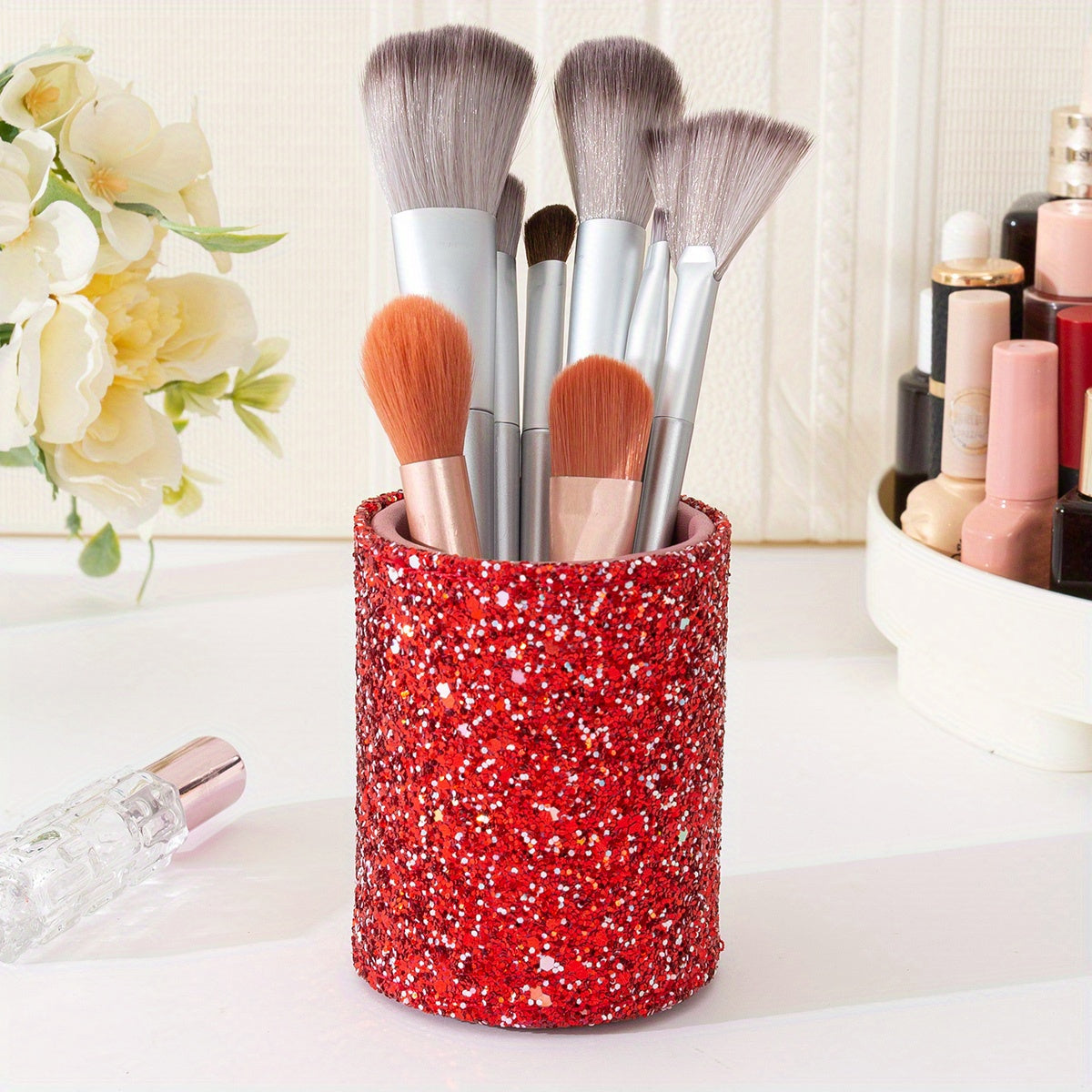 Glitter Makeup Brush Holder Sequin Decor Pencil Cup Shiny For Women, Makeup Brush Holder Organizer Cup Gift For Desk Office Classroom Home Sequin Brush Bucket