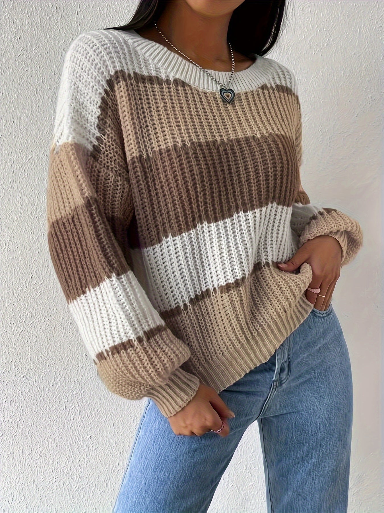 Crew Neck Pullover Sweater, Casual Lantern Sleeve Loose Sweater,