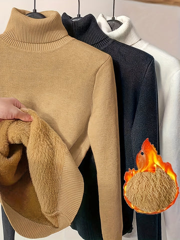 3pcs Turtleneck Solid Sweater, Casual Long Sleeve Sweater .