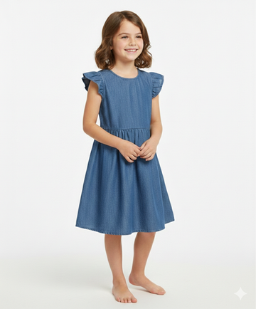 Girls Soft Denim Knee-Length Dress – Lightweight Flutter Sleeve Summer Outfit | MH