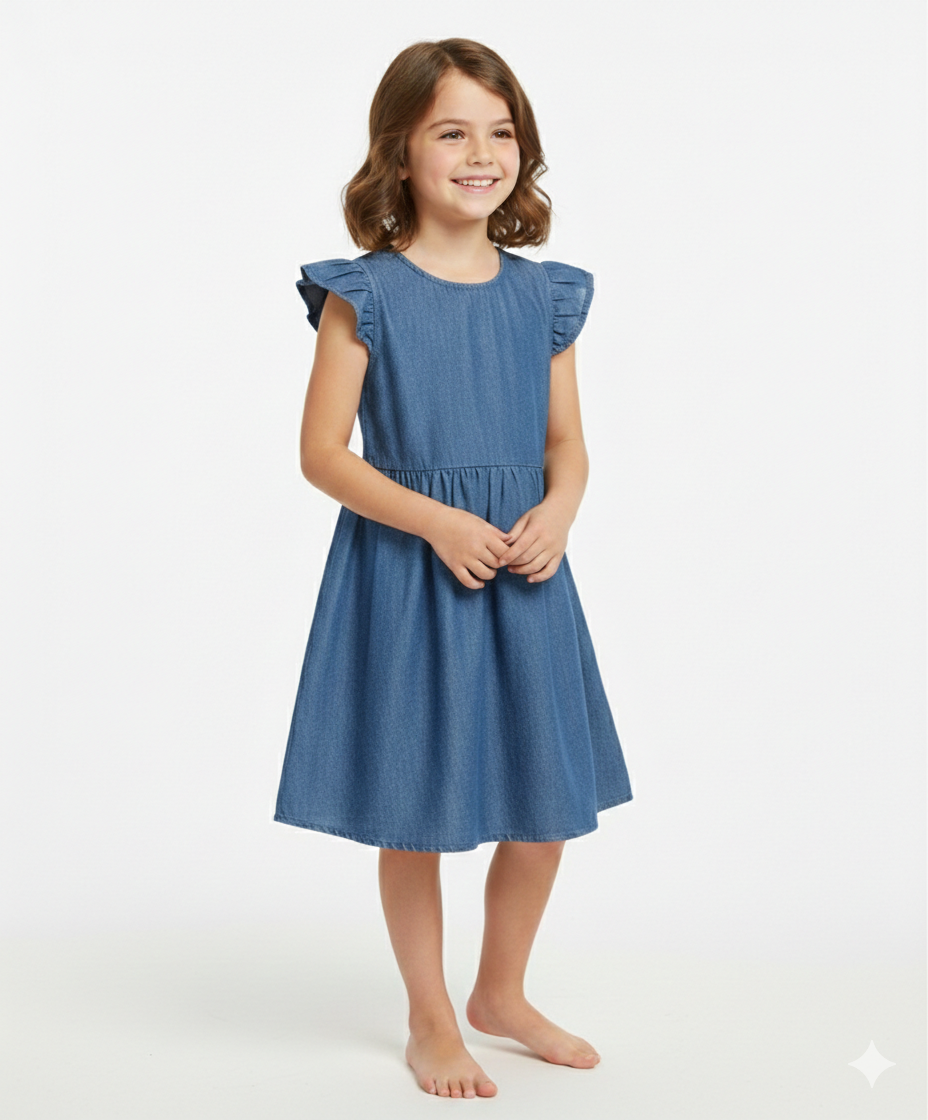 Girls Soft Denim Knee-Length Dress – Lightweight Flutter Sleeve Summer Outfit | MH