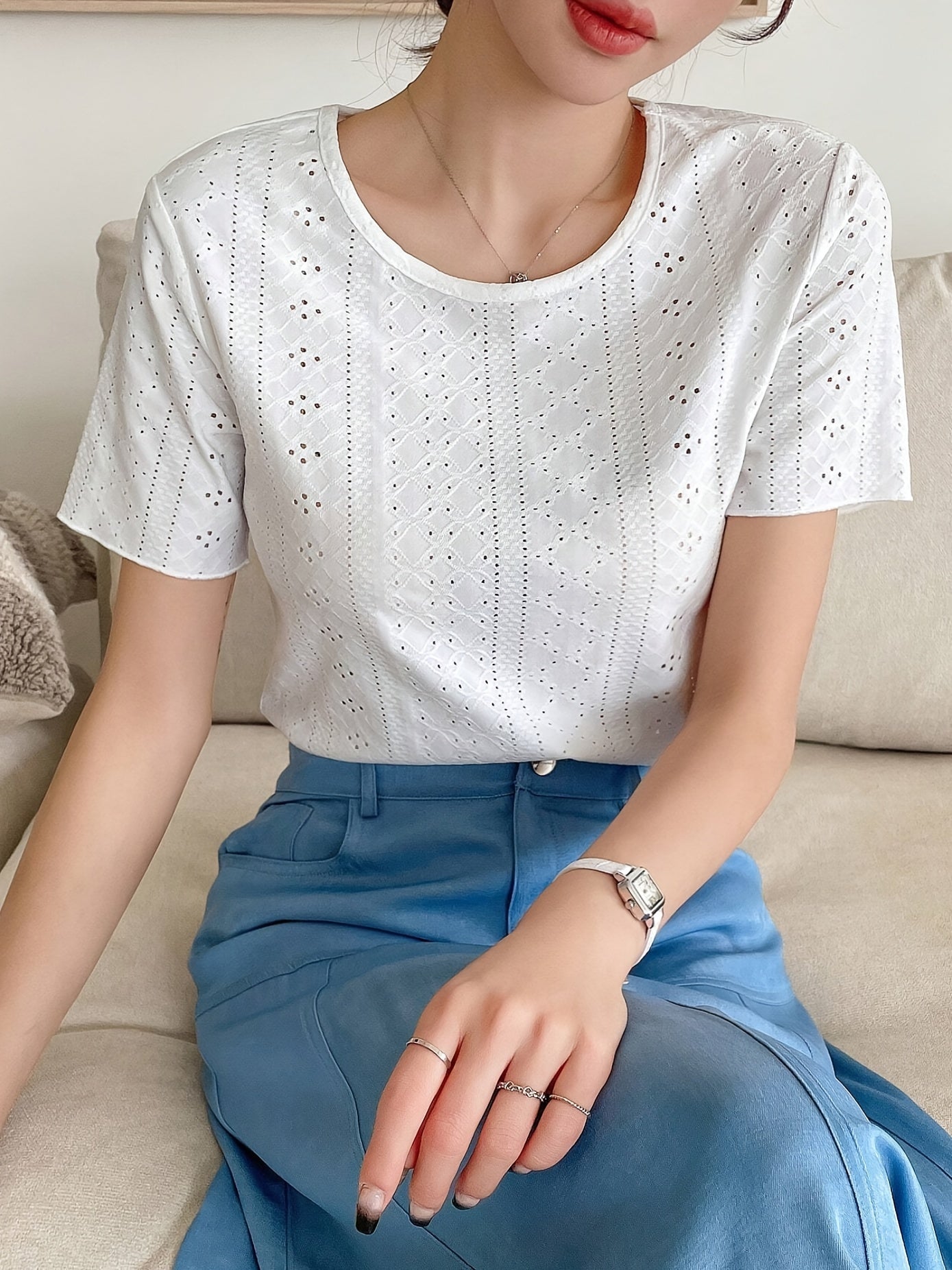 Eyelet Embroidery T-Shirt, Short Sleeve Crew Neck Summer Casual Top, Women's Clothing