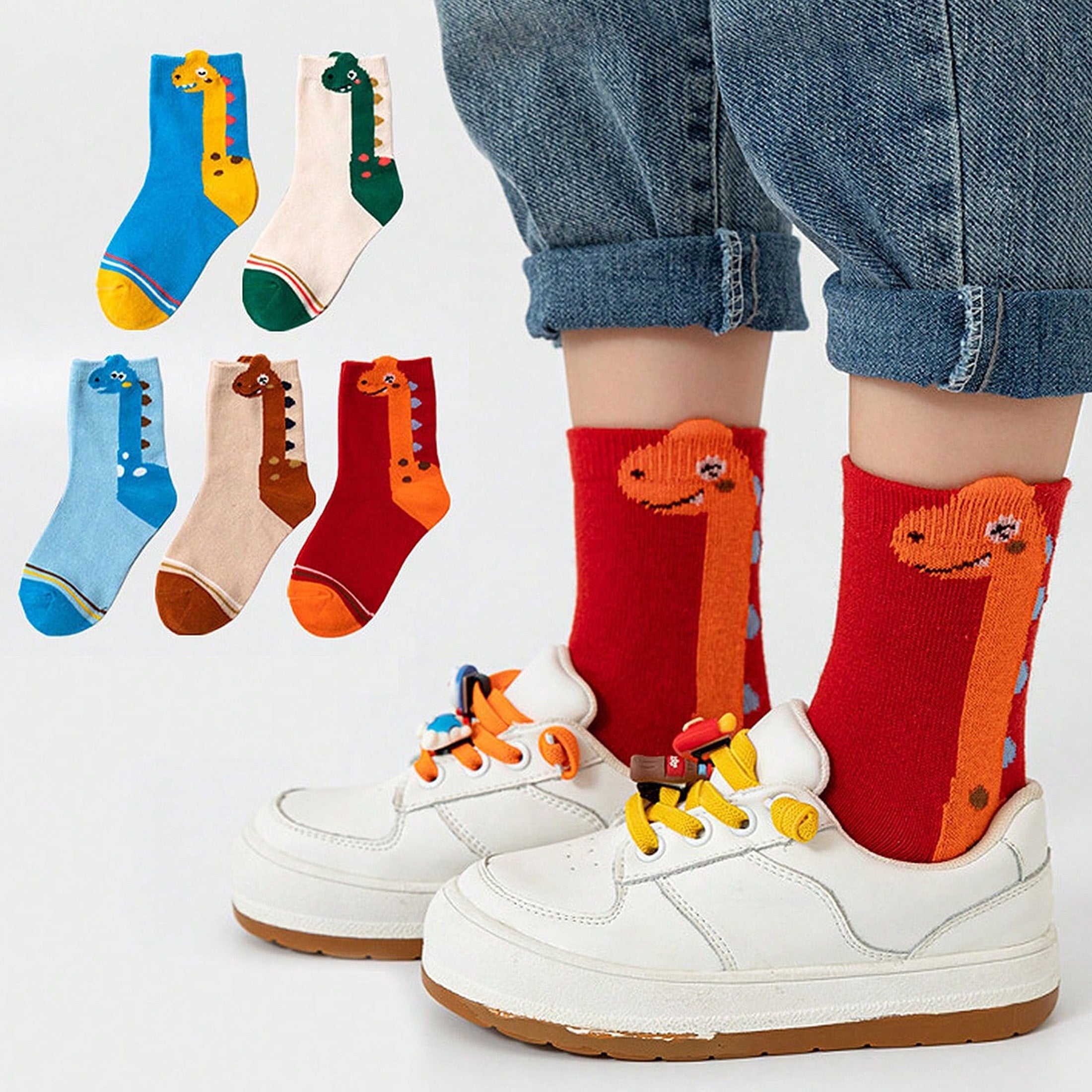 Cartoon Green Dino Pattern 5 Pairs Boy's Short Crew Socks,/MH