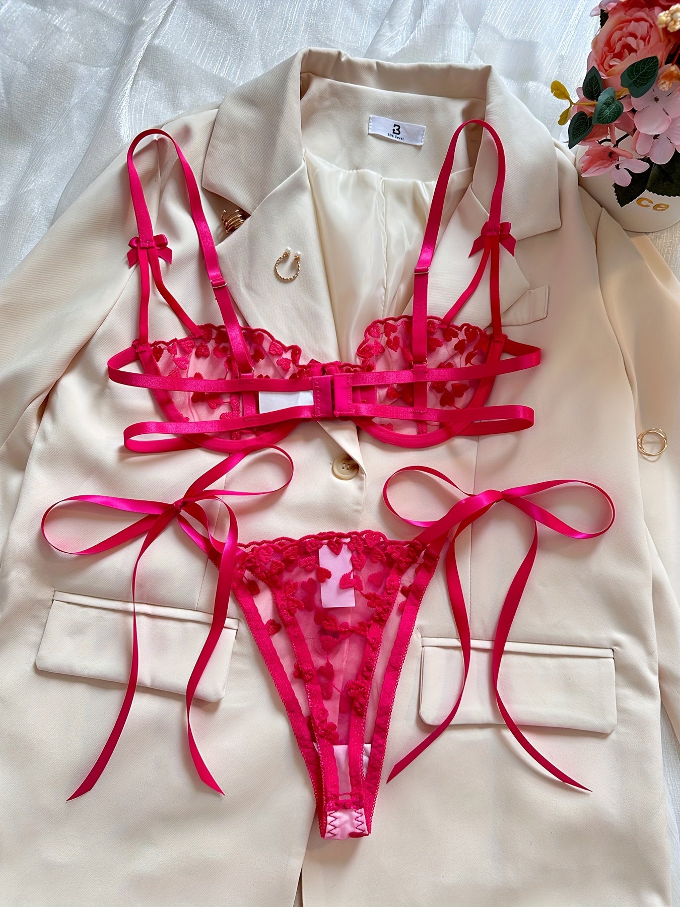 Heart Embroidery Lingerie Set, Mesh Unlined Bra & Strappy Thong,/MH