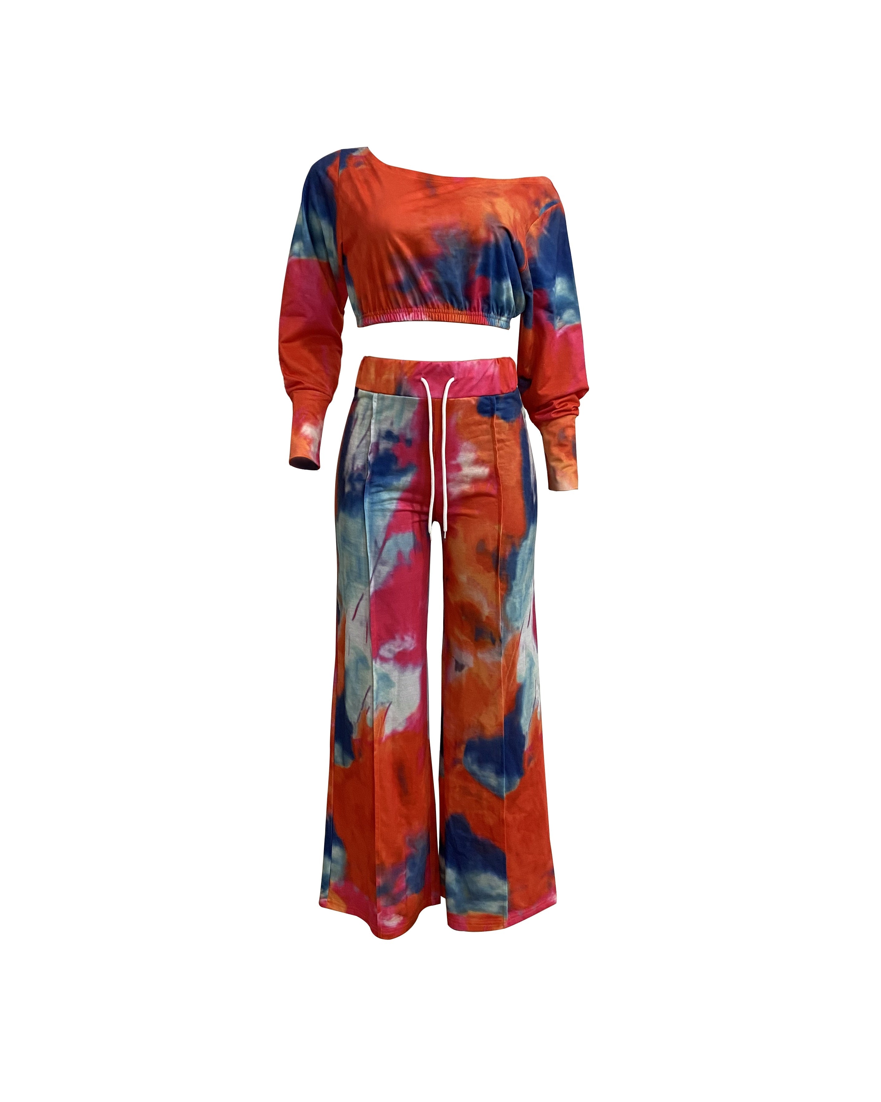 Casual Tie Dye Two-piece Set, Long Sleeve Crop Top & Drawstring Wide Leg Pants Outfits, Women's Clothing