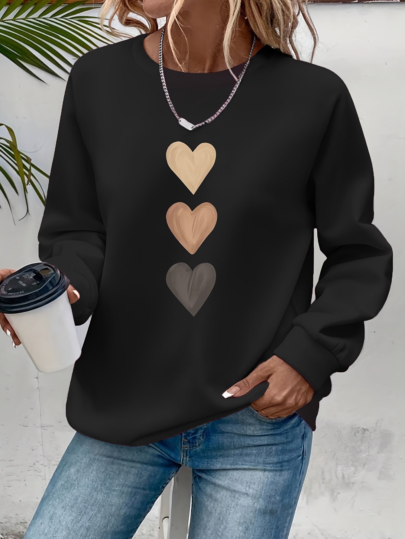 Women'S Long Sleeve Sweatshirt - Soft Pullover Sweater with Brown Heart Pattern,