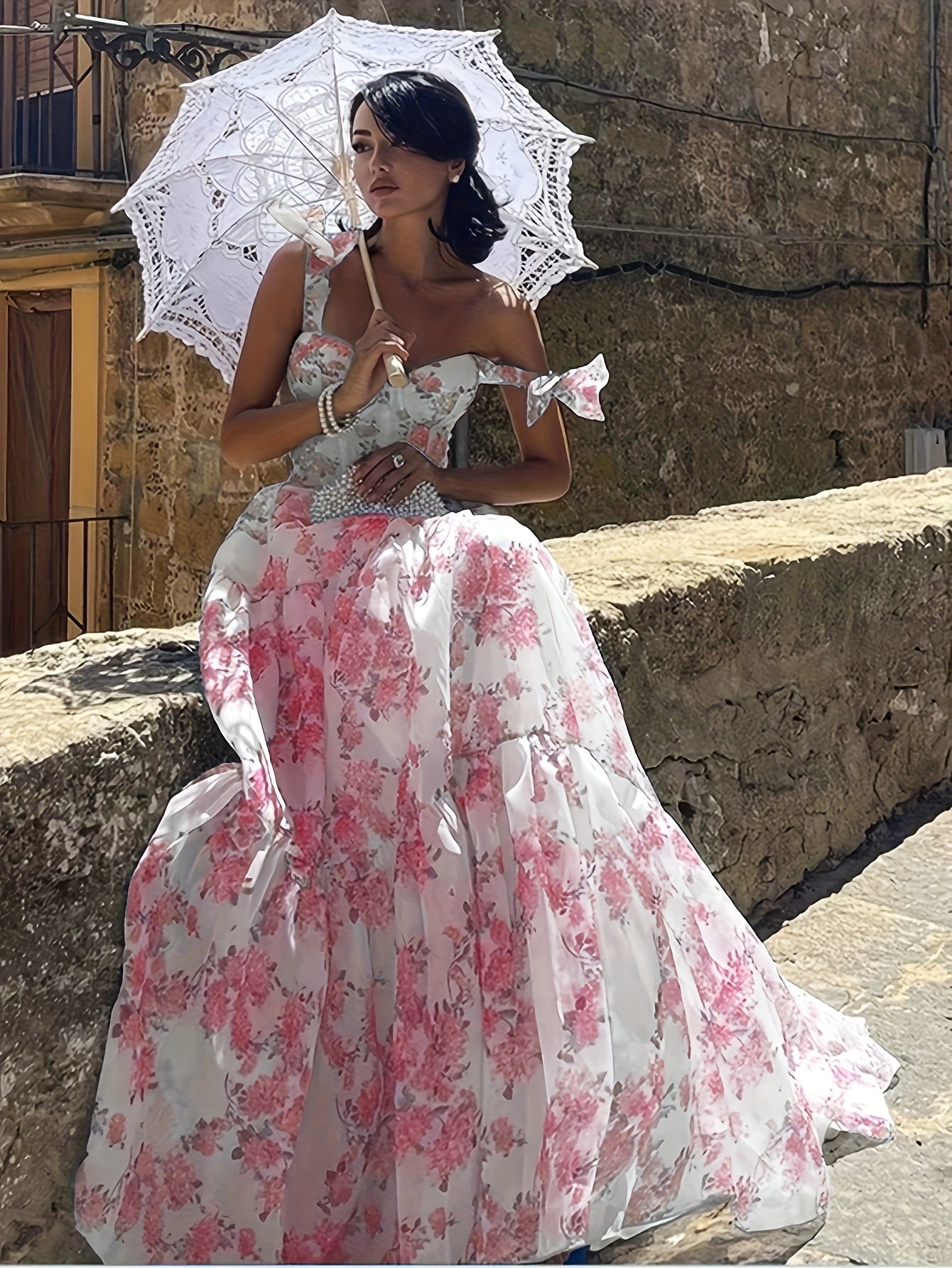 Elegant French Floral Off-Shoulder Long Dress - /MH