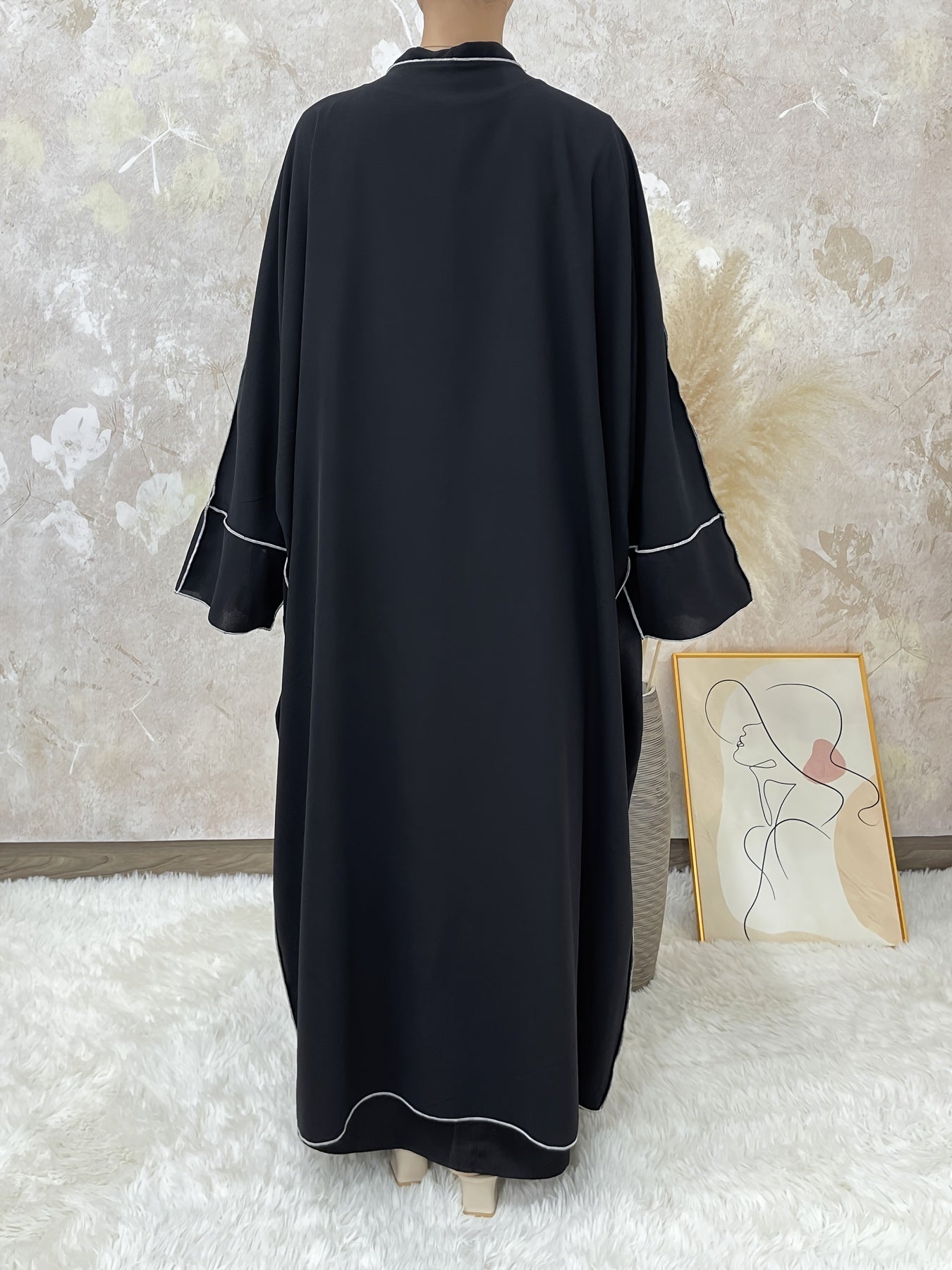 Elegant Contrast Trim Two-piece Set, Open Fron& Khimar Hijab,/MH