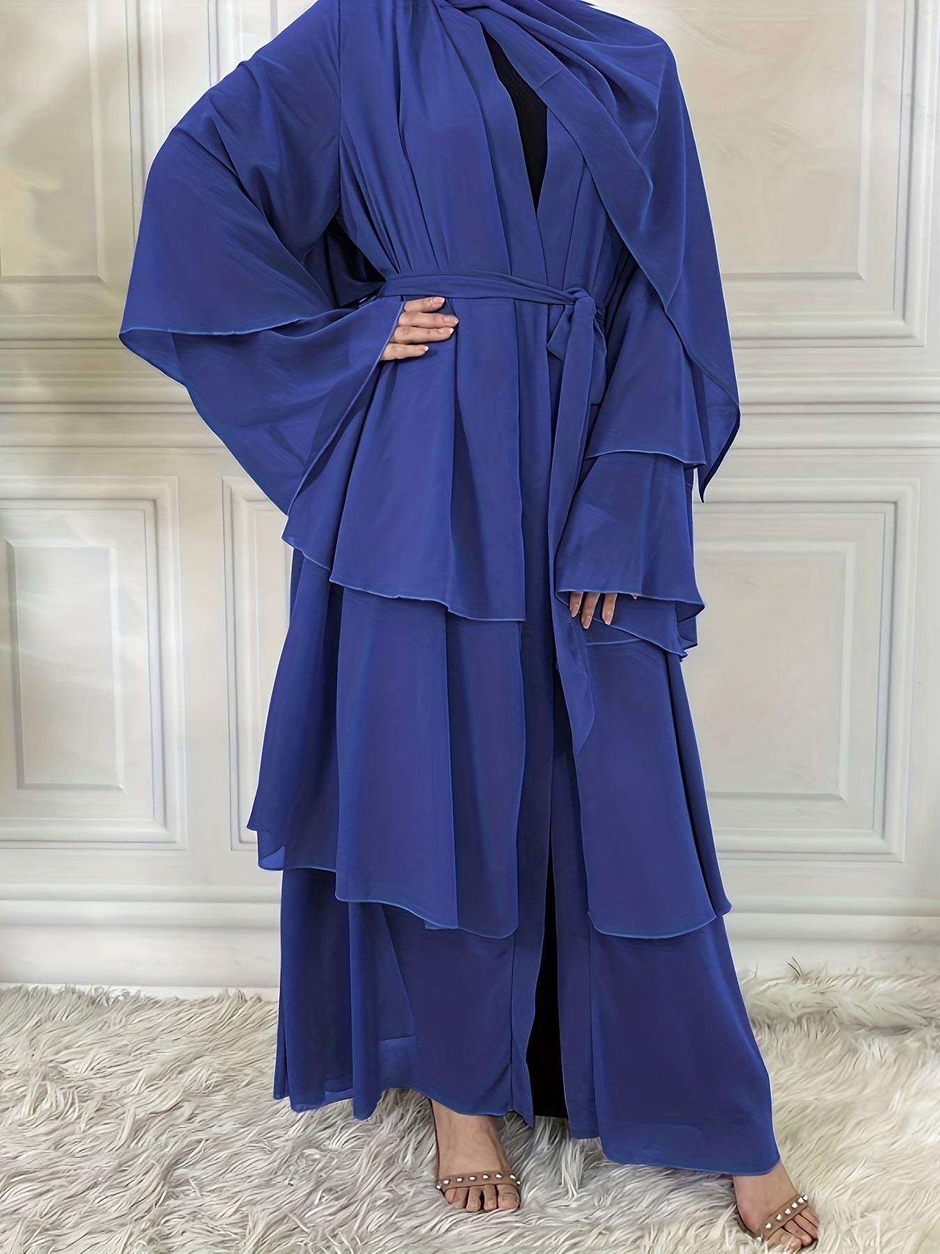 Layered Open Front Modest Dress, Long Sleeve Muslim Dress'/MH