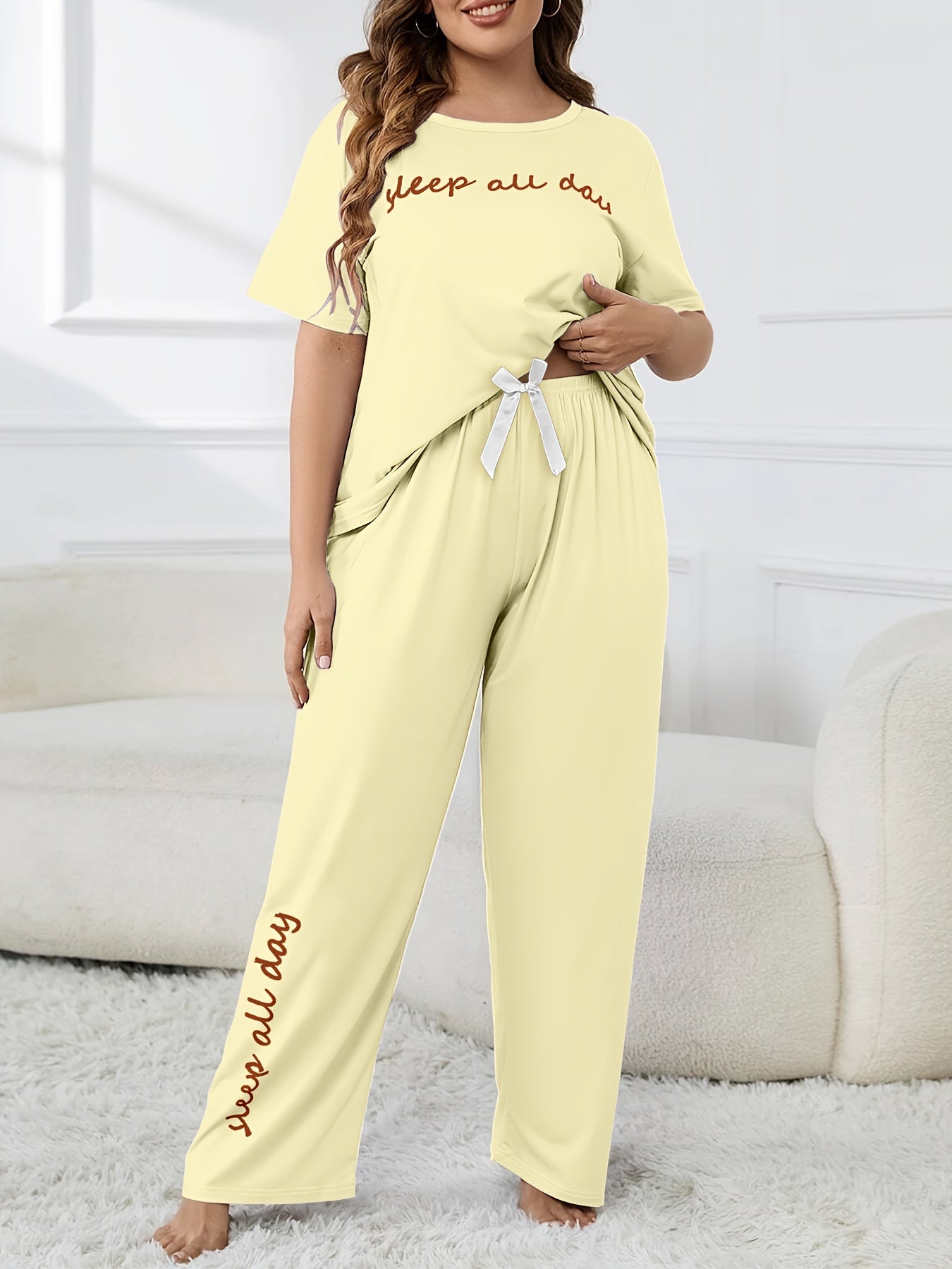 Plus Size Women's Cute Pajama Set, Plus Size Letter Print Short Sleeve Top and Pants Casual 2pcs, Plus Size Pajama Sets