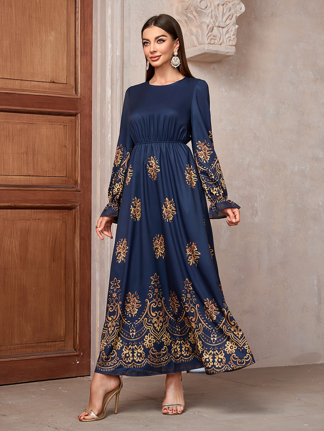 Floral Print Crew Neck Kaftan Dress, Elegant Long Sleeve 'MH