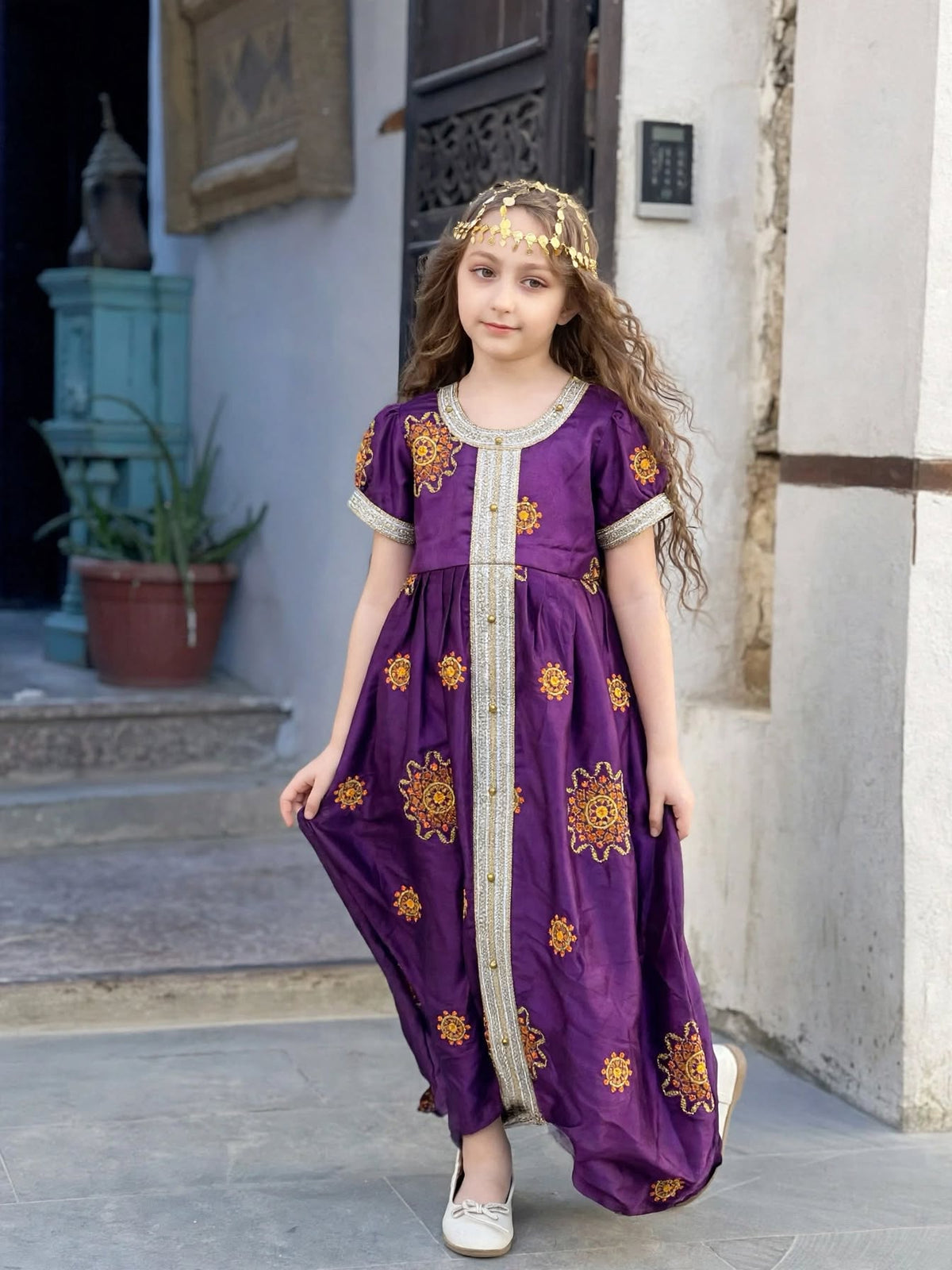 Girls Purple Arabic Kaftan Dress with Floral Embroidery – Modest Fashion | (28) 8 Years | MH
