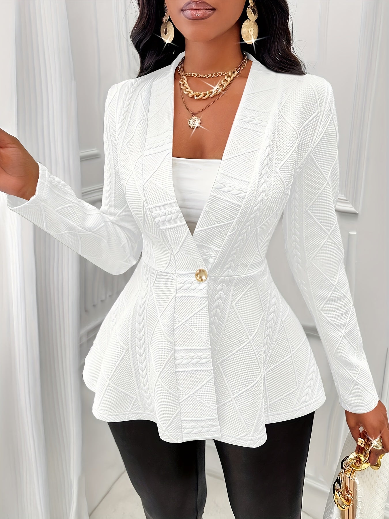 Solid Textured Single Button Waist Blazer, Elegant Long Sleeve .