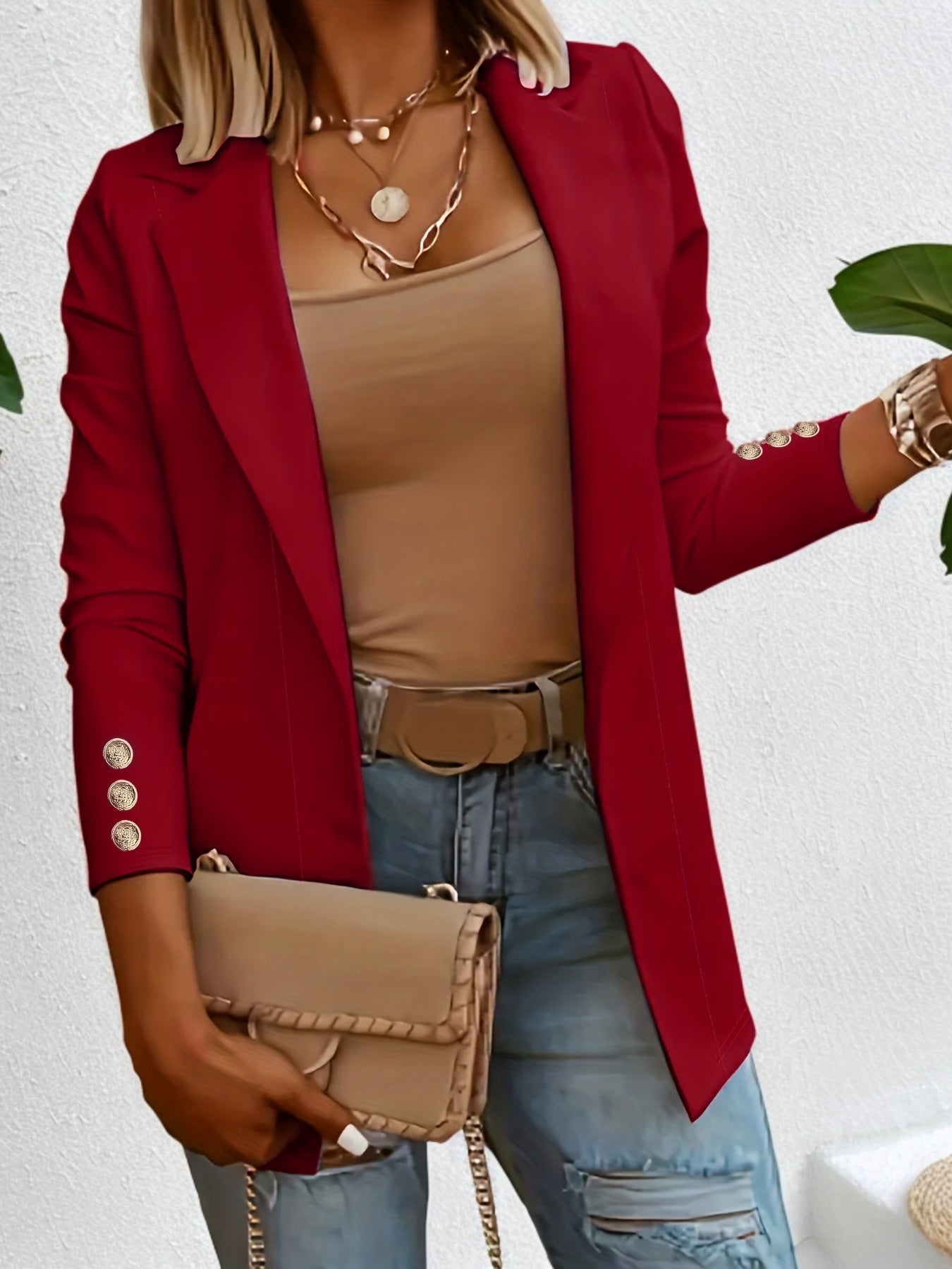 Solid Open Front Lapel Blazer, Elegant Button Decor Long Sleeve Blazer.