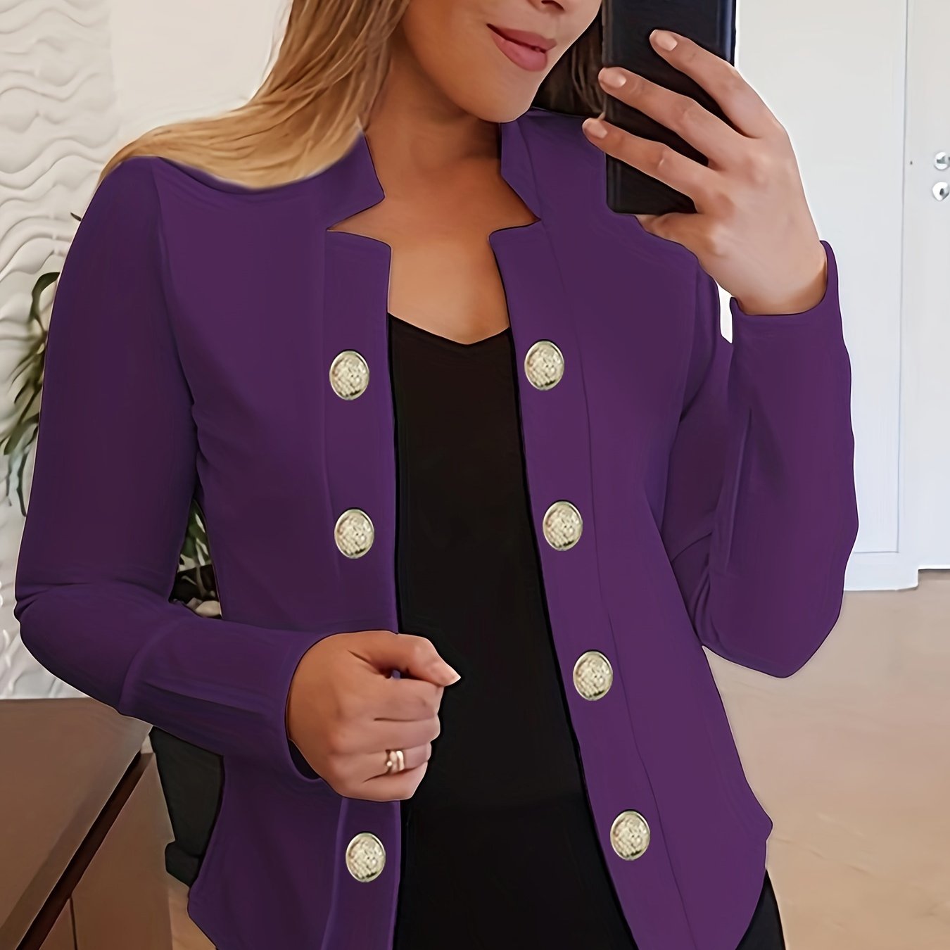 Button Decor Open Front Blazer, Casual Long Sleeve.