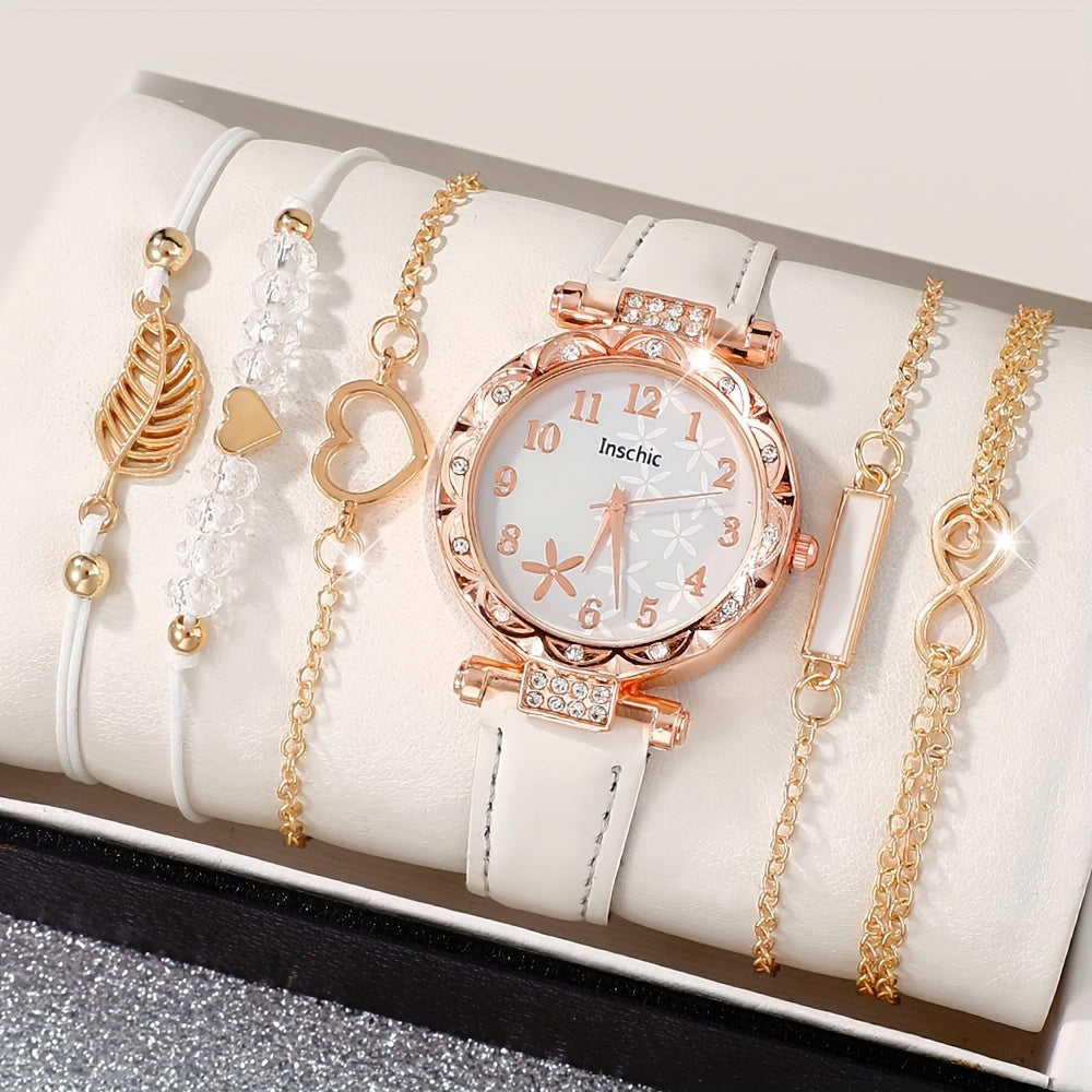 6pcs/set Elegant Flower Rhinestone Quartz Watch Analog PU Leather Wrist Watch & Bracelets, Valentine's Day Ramadan Gifts For Women Her