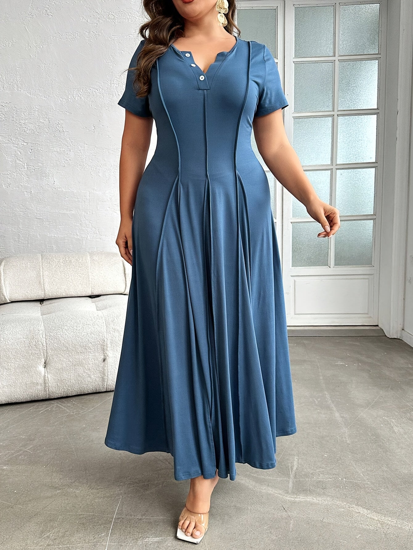 Plus Size, Buttoned neckline pleated detail short sleeve dress,/MH