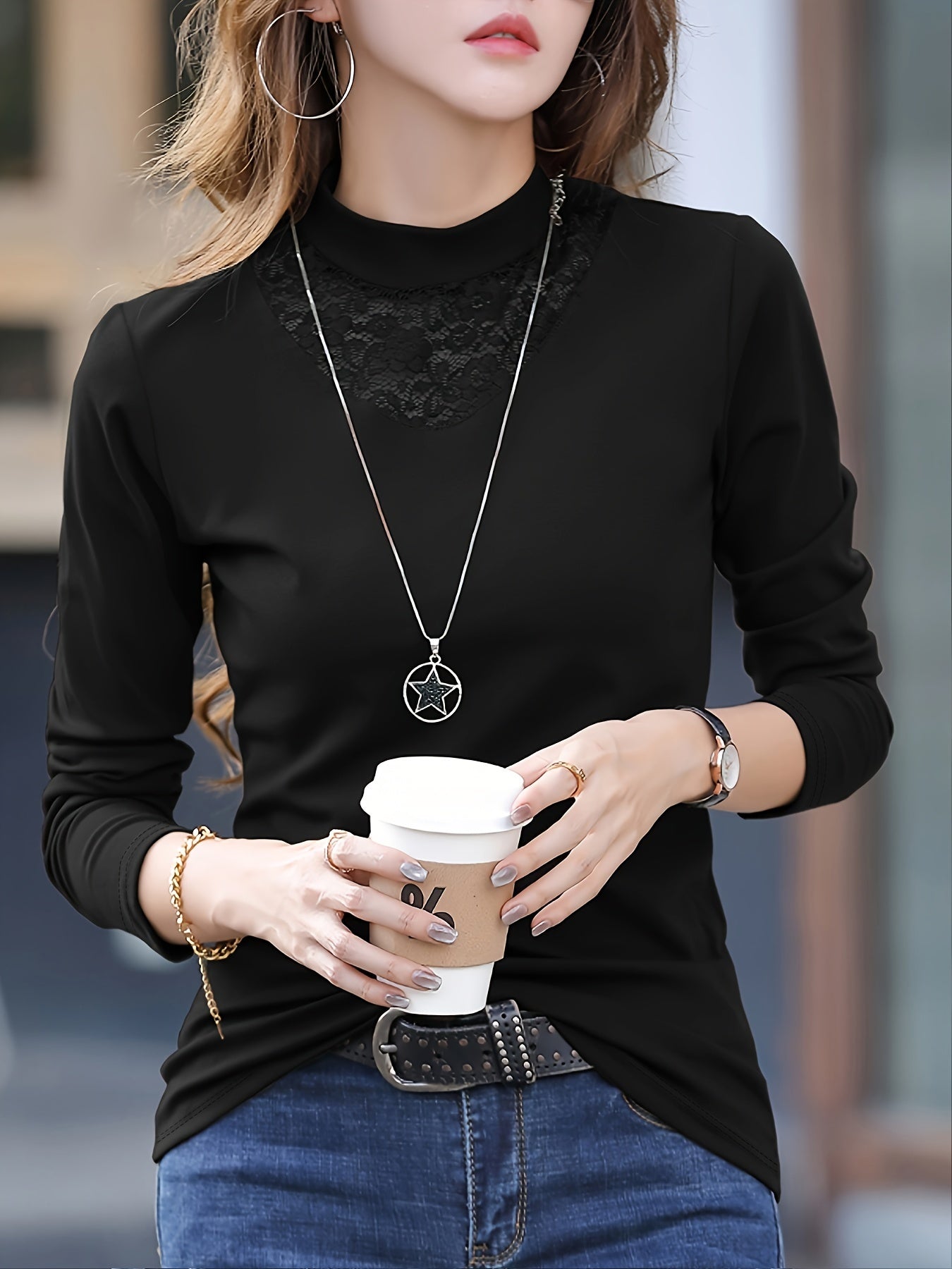 Women's Contrast Lace Trim Round Neck T-Shirt .