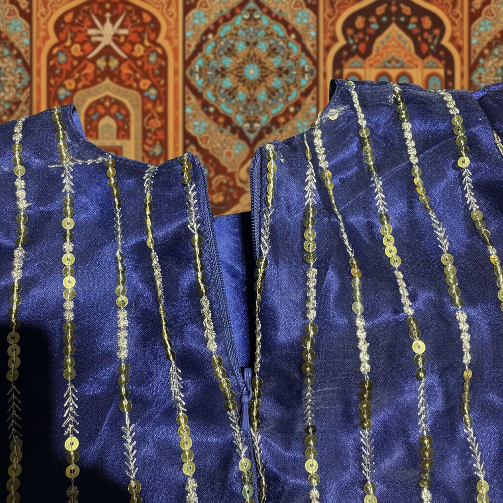 Modest Blue Arabic Kaftan Dress for Girls – Gold Sequin Embroidery | Sizes 8, 10, 12 Years | MH