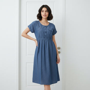 Women's Relaxed-Fit Denim Midi Tunic Dress with Front Pockets – Modern Casual Aesthetic | Sizes S-XL | MH