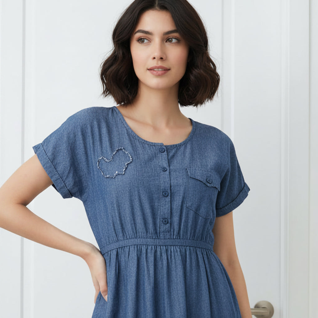 Women's Relaxed-Fit Denim Midi Tunic Dress with Front Pockets – Modern Casual Aesthetic | Sizes S-XL | MH