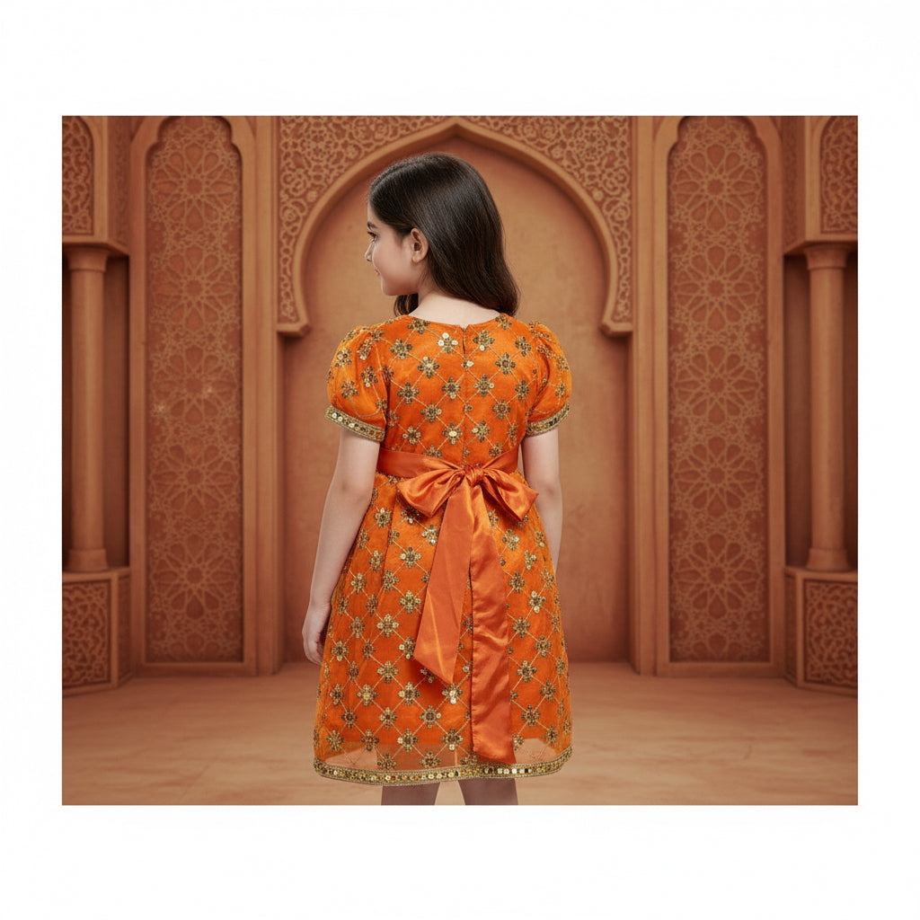 Orange Gold Embroidered Girls Abaya Dress with Belt - Modest Islamic Kaftan for Kids | (24) 4 Years | MH