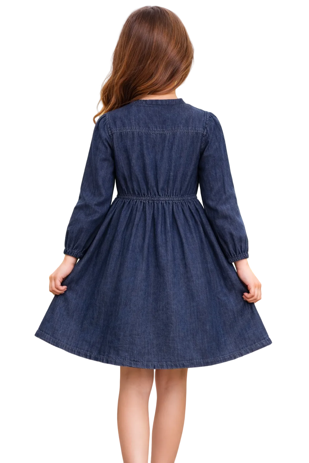 Girls Navy Blue Denim Long Sleeve Button Front Dress with Floral Embroidery (1–6Years)