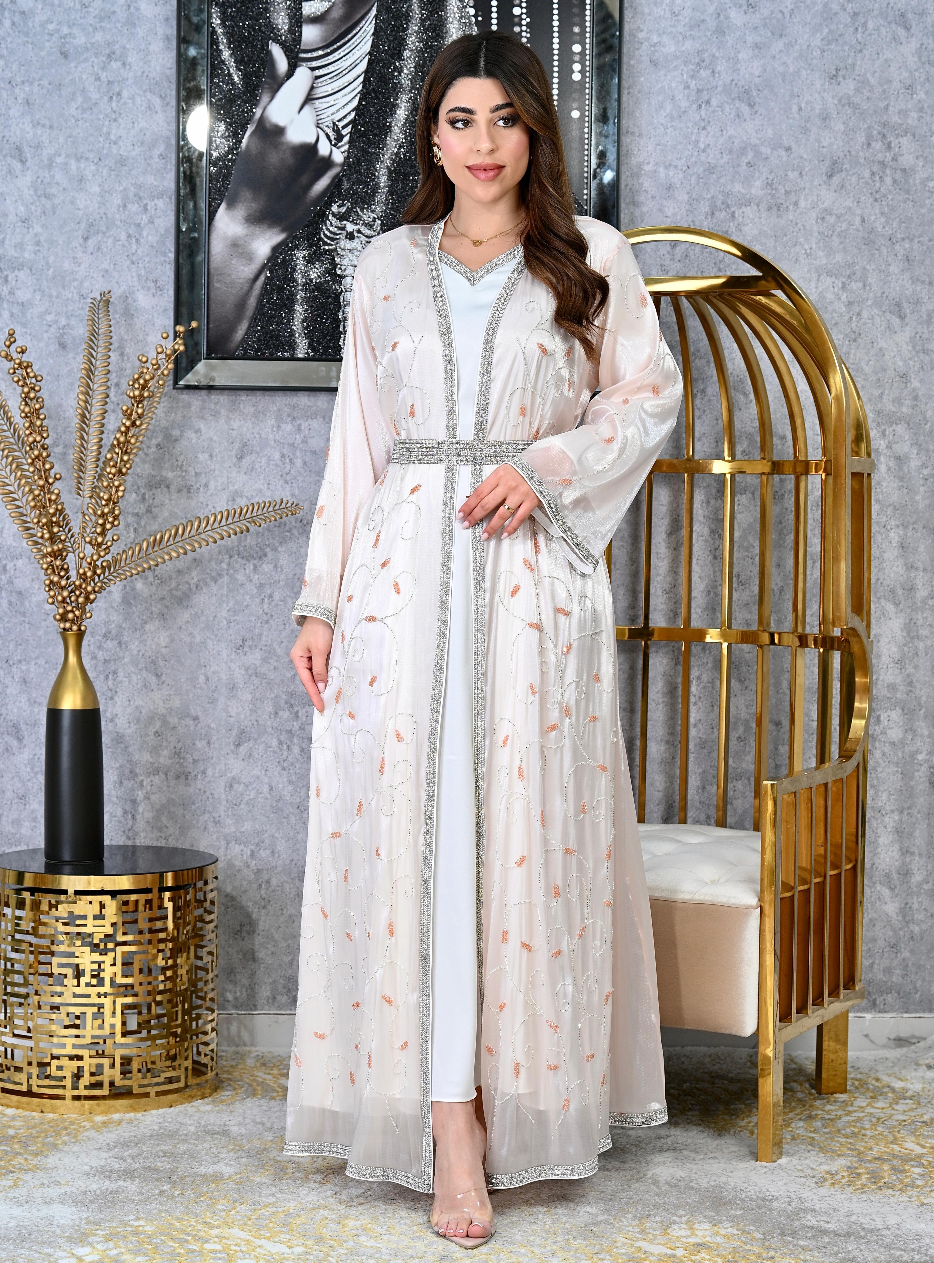 Diamond Trim Embroidered Kaftan with Inner Dress | Modest Evening Wear | 4 Colors | Sizes S-XL | MH