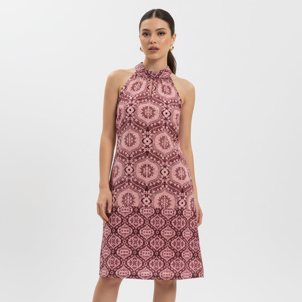 Pink Geometric Halter Neck Dress - Modest Midi Dress for Women | Sizes S, M, L, XL | MH